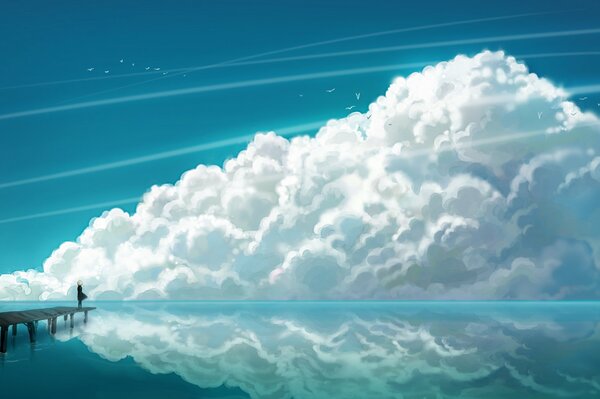 Mädchen auf dem Hintergrund des Meeres und der Wolken mit Möwen