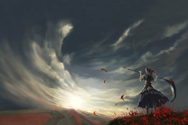 A girl with a scythe in a field against the sky