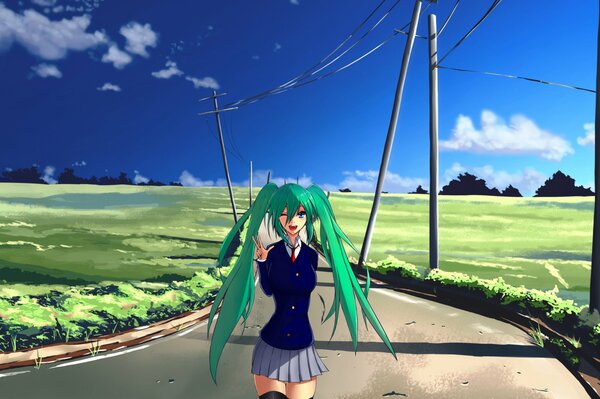 A girl with green hair walks down the road