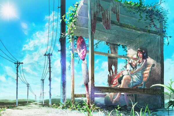 Anime-Mädchen sitzen im Sommer an einer Haltestelle