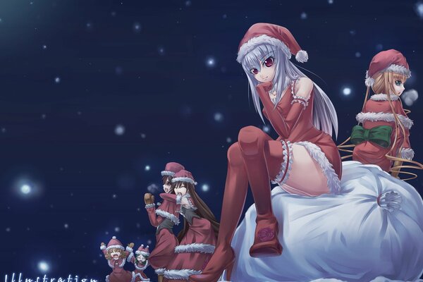 Anime doncellas de nieve. Ayudantes de papá Noel