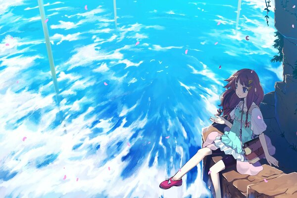 Anime girl est assis sur une falaise bleue
