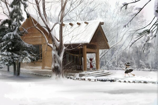 Rysunek przedstawiający dwie dziewczyny i dom na śniegu