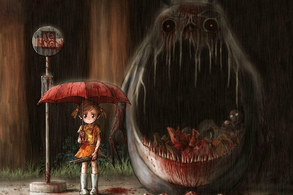 Horror zum Thema ist mein Nachbar Totoro. Blut und Fleisch im Maul eines Monsters