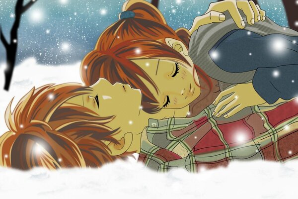 Rysunek zakochanej pary leżącej na śniegu