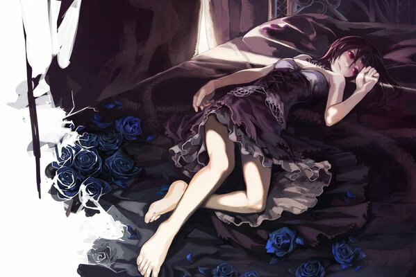 Anime is lying on a bed in flowers