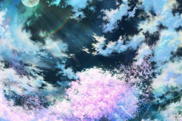 Cirrus clouds and cherry blossoms on the background of a fantastic moon and night sky