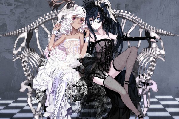 Two anime chan are sitting on a skeleton bench. Chan has black hair and white hair. Yin Yang in anime