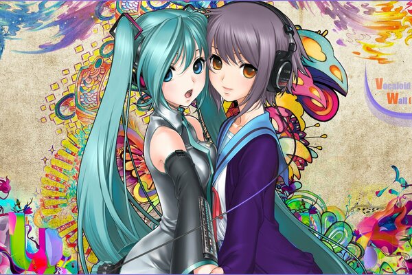 Anime vocalode two girls on a wall background