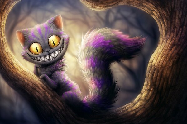 Chat de Cheshire souriant sur un arbre