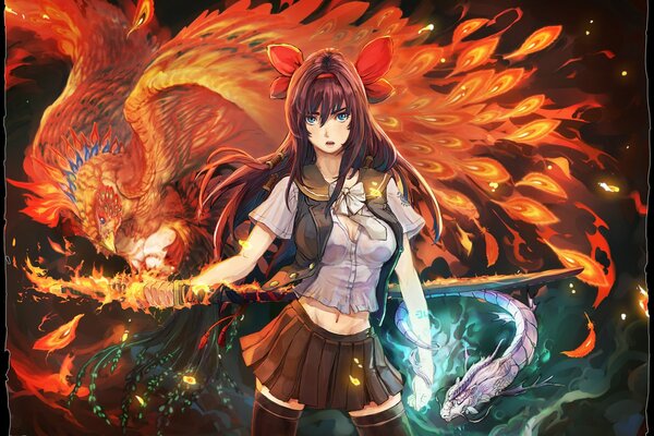 Fille avec katana entre dragon et Phoenix