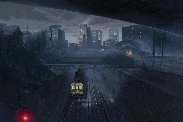 Ein Nachtzug, der in die Stadt fährt, ist ein Bild von Makoto Synkays Anime Fünf Zentimeter pro Sekunde 