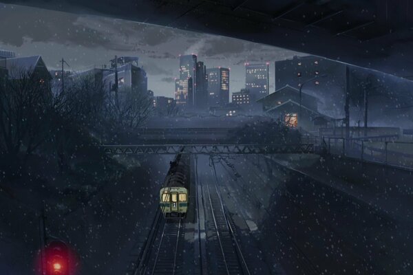 Un tren nocturno que va a la ciudad, fotograma del anime de Makoto Shinkai Cinco centímetros por segundo 