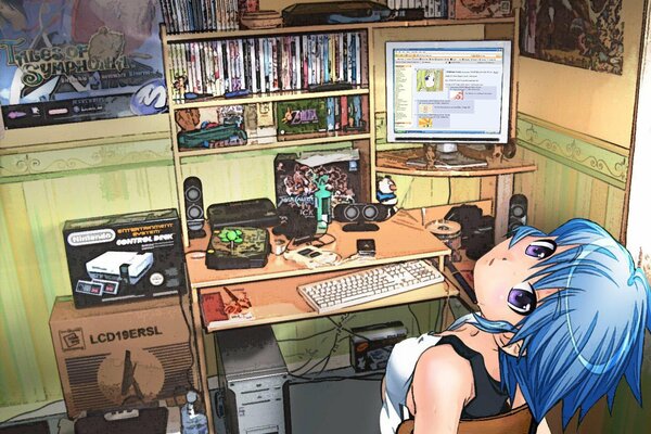 La ragazza si siede accanto al computer e ti guarda