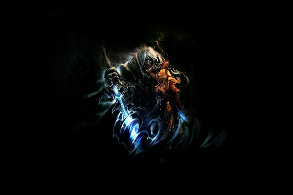 Anime, cartoon, dark background glowing blue sword