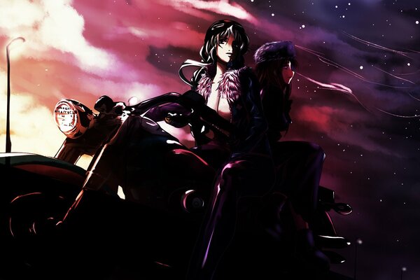 A girl on a motorcycle behind the starry sky