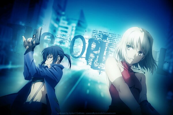 Ein Kerl mit einem Mädchen mit einer Pistole in der anime-Stadt