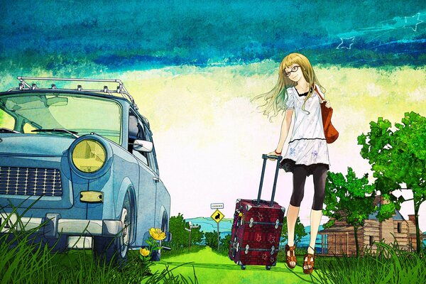 Art blonde avec une valise sur une route de campagne