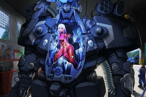 Dibujo de fantasía con una chica en el estilo de anime en un robot