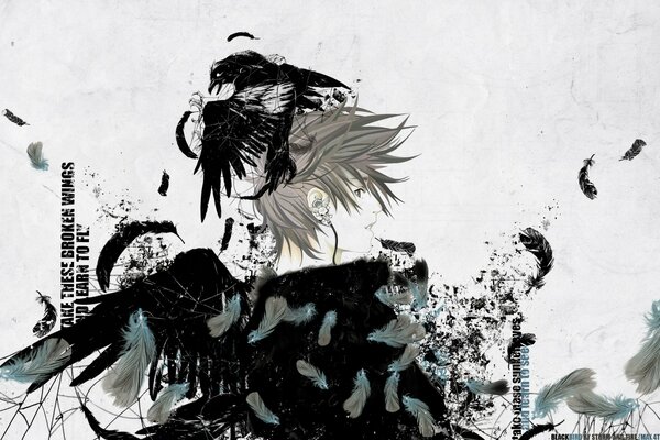 Black and white anime picture with feathers