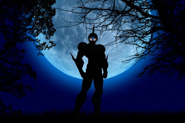 Guyver s view on the background of a full moon in the forest