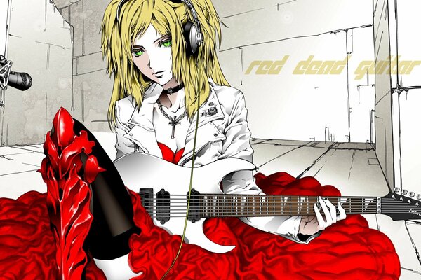 A painted blonde girl with a guitar in front of a microphone