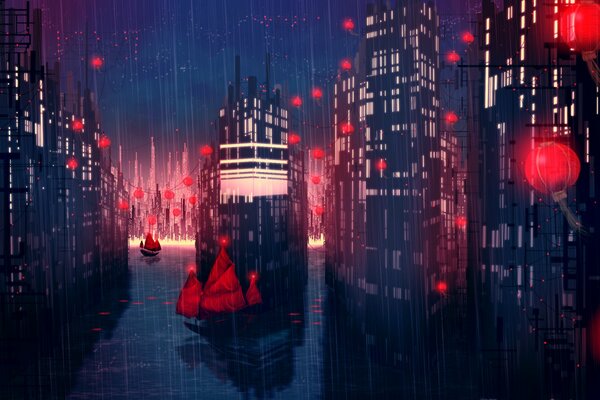 Red lanterns in the pouring rain