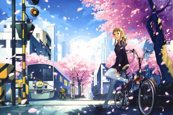 Chica de anime de pie con una bicicleta bajo la flor de cerezo