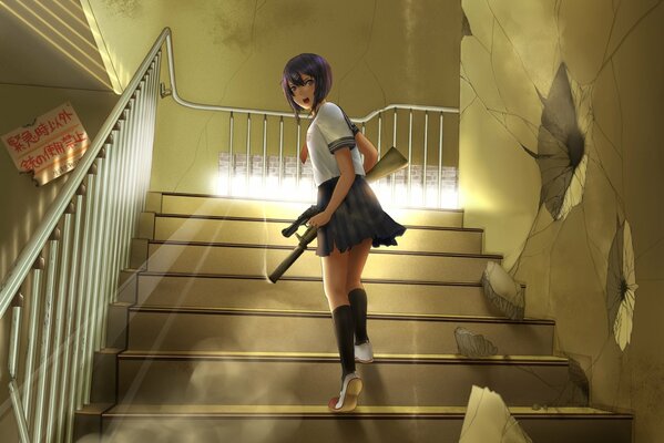 A schoolgirl with a gun goes up the stairs