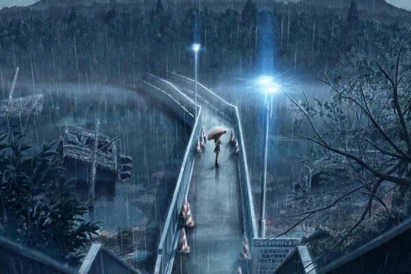 Jeune fille debout sur le pont avec un parapluie sur le pont