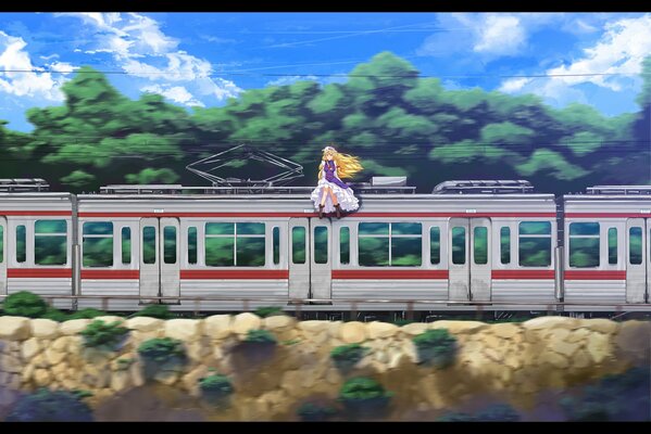 A girl in a magnificent dress is sitting on the roof of a train