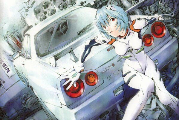 Ayanami ray sur fond de Nissan skyline