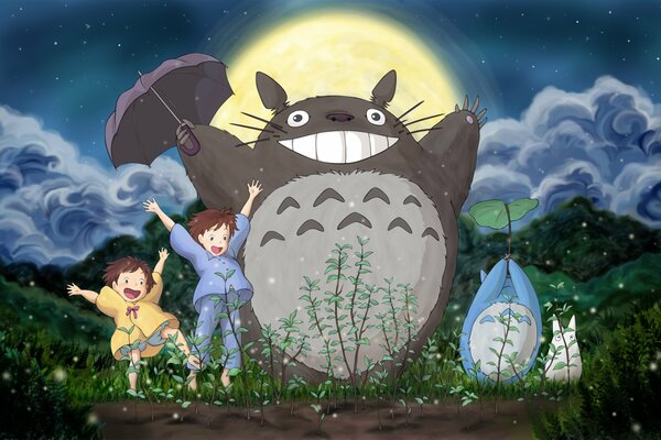 Feliz Mei y Totoro en el bosque bajo la Luna