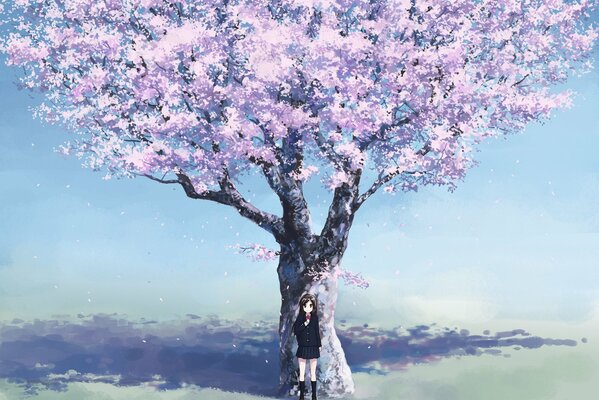 Studentessa ragazza in piedi sotto un grande Sakura in un campo