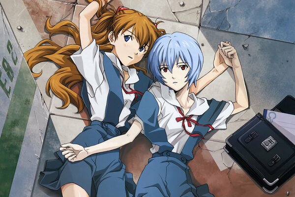 Anime two girls lying on the floor