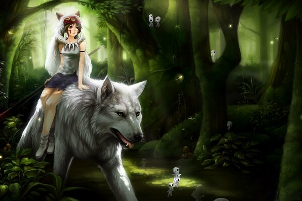 Anime girl riding a wolf