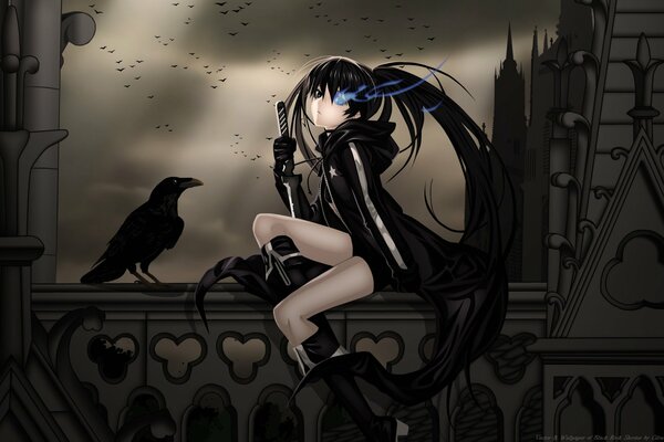 Anime with a girl kuroi mato on the balcony and a raven