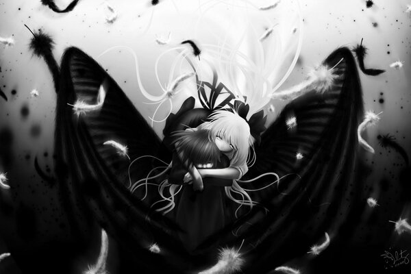 Schwarz-Weiß-Bild von einem Kerl und einem Mädchen mit Flügeln
