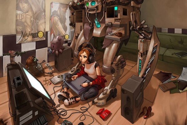 Gamer fille avec robot derrière son dos