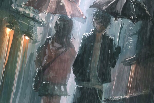 Meeting of two young people on a rainy evening in anime style