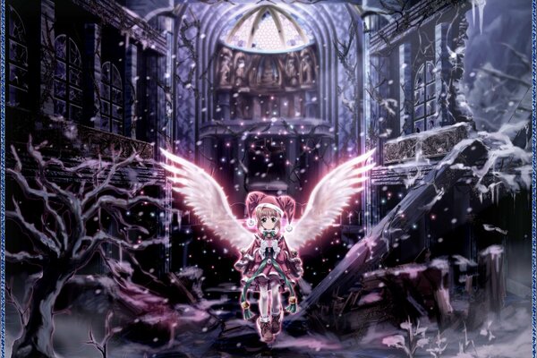 Anime chan with angel wings in a Gothic church