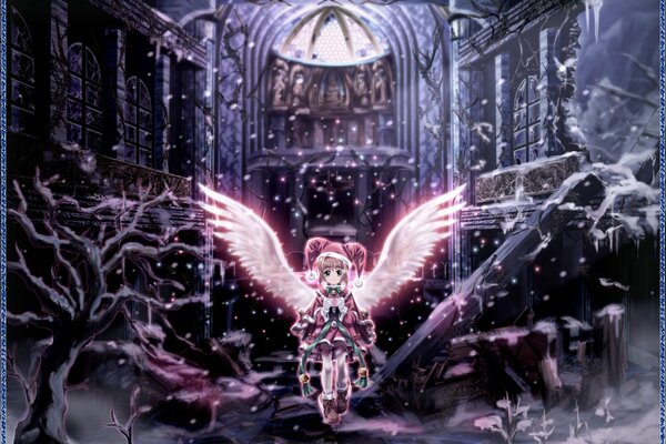 Anime Chan avec des ailes d ange dans une église gothique