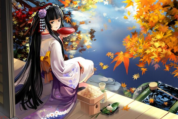 Anime geisha girl by the lake