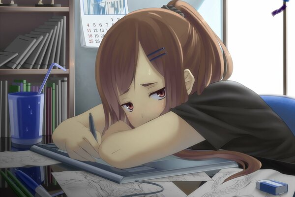 Anime girl resting on a table littered with drawings