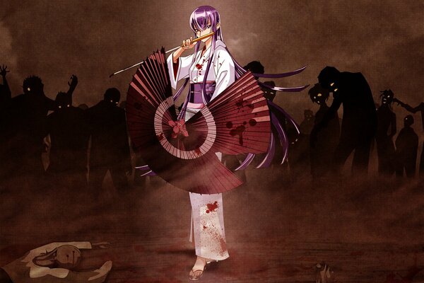 A girl in a kimono against a zombie background