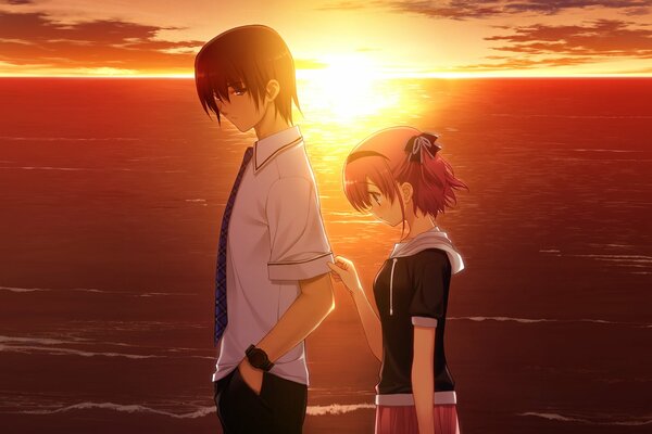 Anime Kerl und Mädchen bei Sonnenuntergang