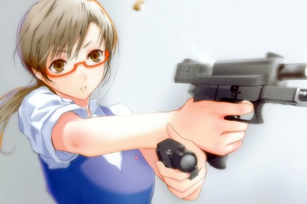 A girl with glasses and a gun. The girl in the blue vest