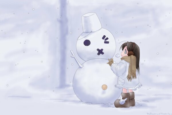 Anime cartoon girl and snowman