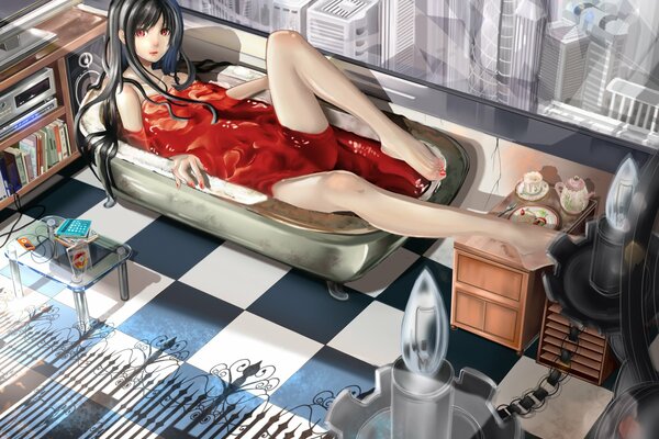 Anime Badezimmer Mädchen mit langen Haaren in der Badewanne im roten Wasser