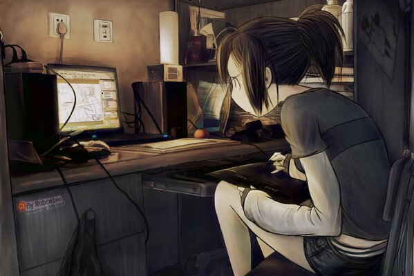 A girl draws on a computer at night
